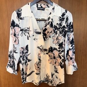 Karl Lagerfeld Paris Womens S Floral Ruffle Blouse Pearl Button Spring Career